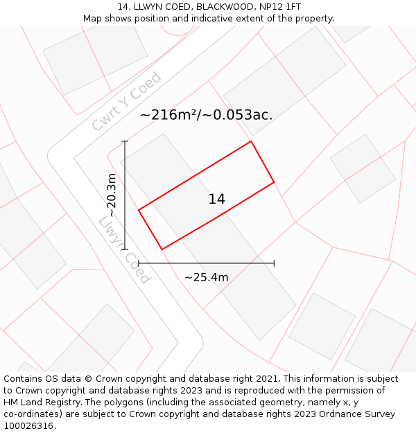 14, LLWYN COED, BLACKWOOD, NP12 1FT: Plot and title map
