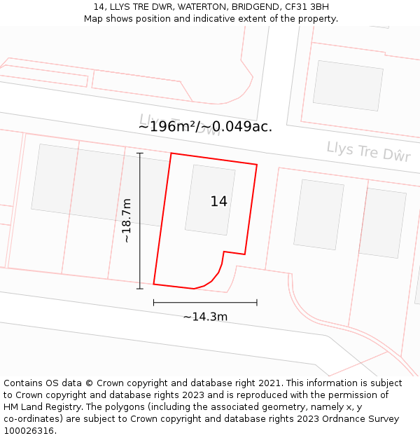 14, LLYS TRE DWR, WATERTON, BRIDGEND, CF31 3BH: Plot and title map