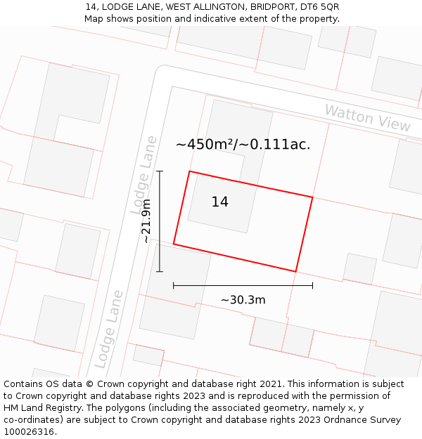 14, LODGE LANE, WEST ALLINGTON, BRIDPORT, DT6 5QR: Plot and title map