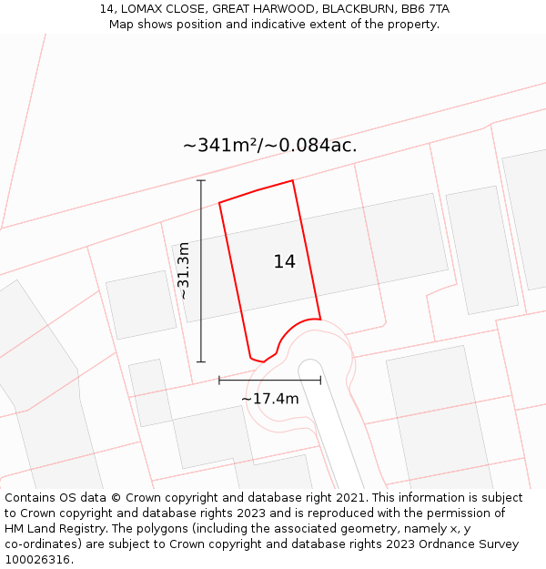14, LOMAX CLOSE, GREAT HARWOOD, BLACKBURN, BB6 7TA: Plot and title map
