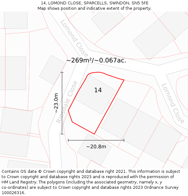 14, LOMOND CLOSE, SPARCELLS, SWINDON, SN5 5FE: Plot and title map