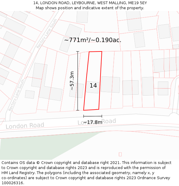14, LONDON ROAD, LEYBOURNE, WEST MALLING, ME19 5EY: Plot and title map