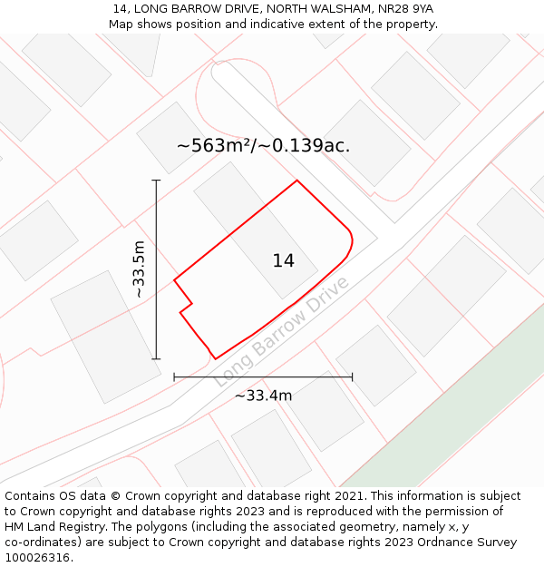 14, LONG BARROW DRIVE, NORTH WALSHAM, NR28 9YA: Plot and title map