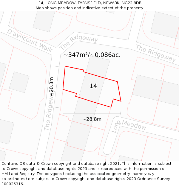 14, LONG MEADOW, FARNSFIELD, NEWARK, NG22 8DR: Plot and title map
