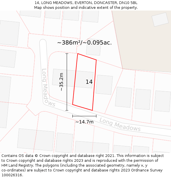 14, LONG MEADOWS, EVERTON, DONCASTER, DN10 5BL: Plot and title map