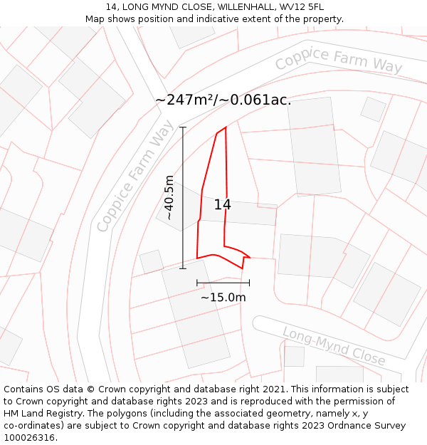 14, LONG MYND CLOSE, WILLENHALL, WV12 5FL: Plot and title map