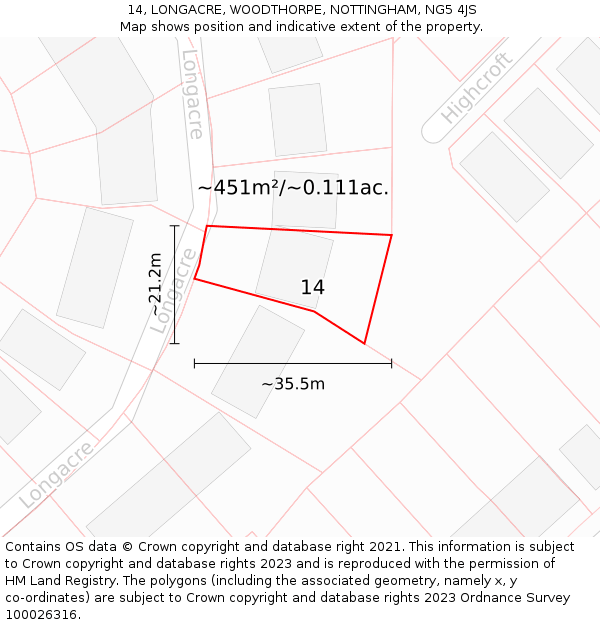 14, LONGACRE, WOODTHORPE, NOTTINGHAM, NG5 4JS: Plot and title map