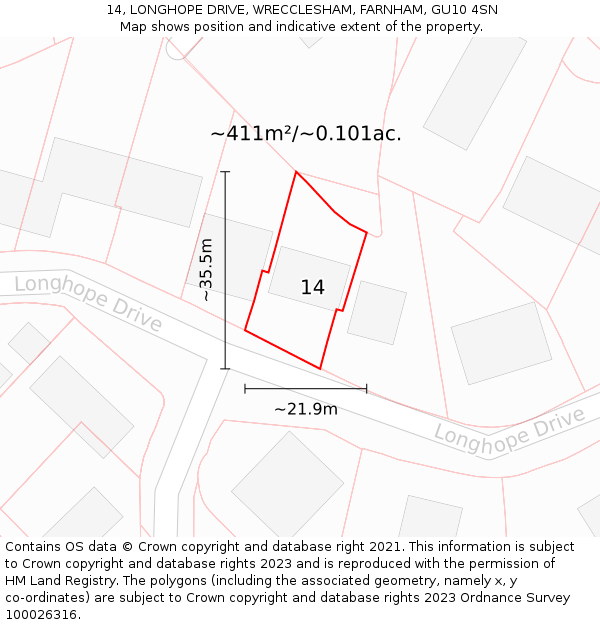 14, LONGHOPE DRIVE, WRECCLESHAM, FARNHAM, GU10 4SN: Plot and title map