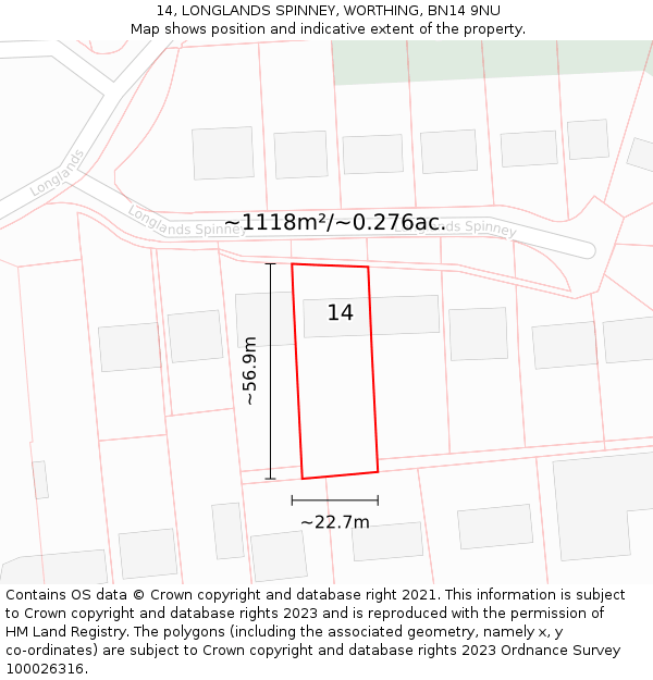 14, LONGLANDS SPINNEY, WORTHING, BN14 9NU: Plot and title map