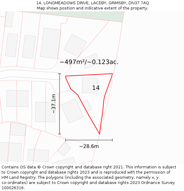 14, LONGMEADOWS DRIVE, LACEBY, GRIMSBY, DN37 7AQ: Plot and title map