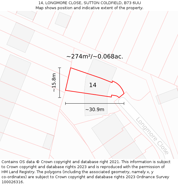 14, LONGMORE CLOSE, SUTTON COLDFIELD, B73 6UU: Plot and title map