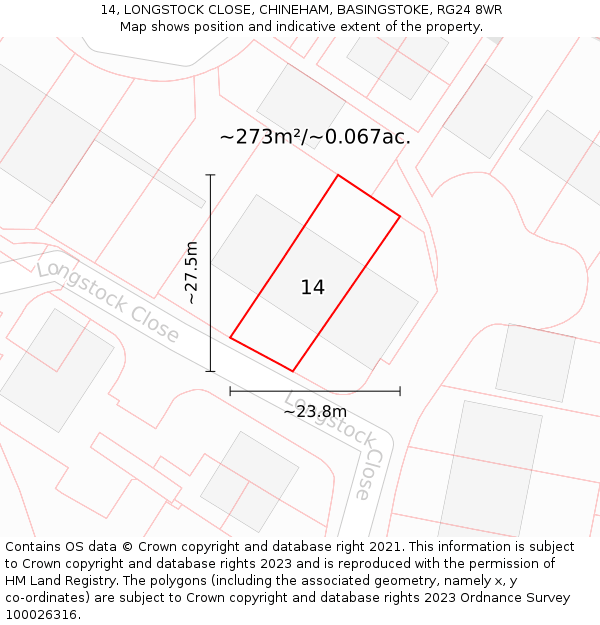 14, LONGSTOCK CLOSE, CHINEHAM, BASINGSTOKE, RG24 8WR: Plot and title map