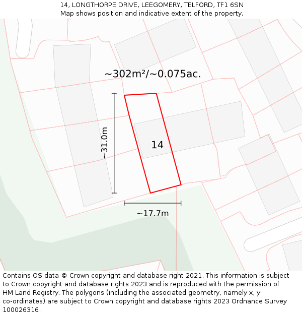 14, LONGTHORPE DRIVE, LEEGOMERY, TELFORD, TF1 6SN: Plot and title map