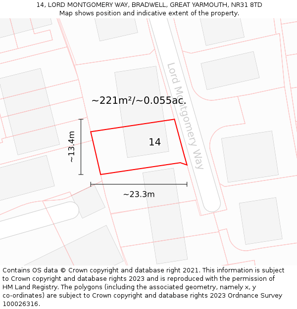 14, LORD MONTGOMERY WAY, BRADWELL, GREAT YARMOUTH, NR31 8TD: Plot and title map
