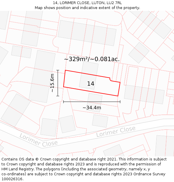 14, LORIMER CLOSE, LUTON, LU2 7RL: Plot and title map
