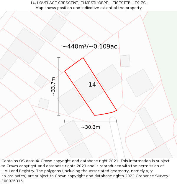 14, LOVELACE CRESCENT, ELMESTHORPE, LEICESTER, LE9 7SL: Plot and title map