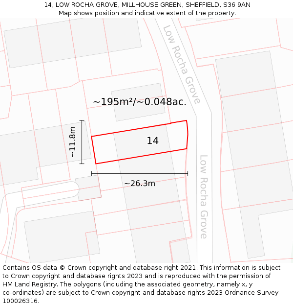 14, LOW ROCHA GROVE, MILLHOUSE GREEN, SHEFFIELD, S36 9AN: Plot and title map