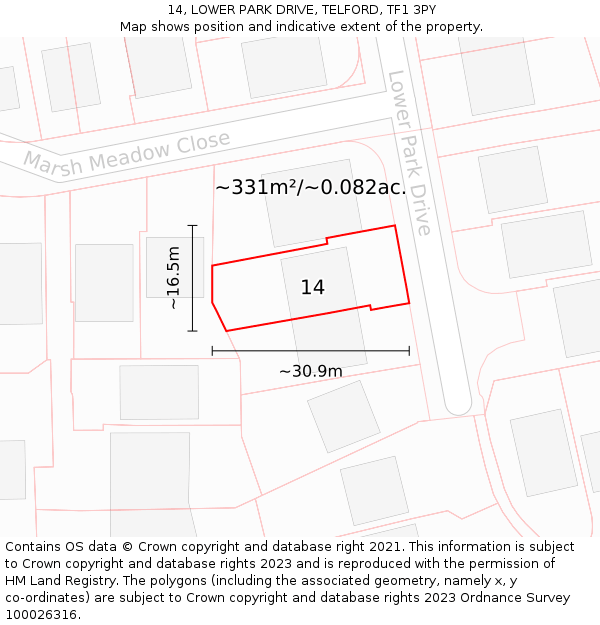 14, LOWER PARK DRIVE, TELFORD, TF1 3PY: Plot and title map