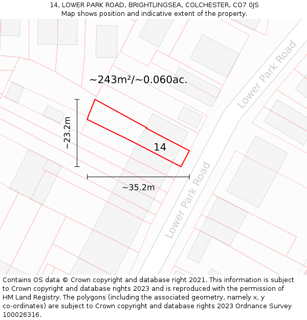 14, LOWER PARK ROAD, BRIGHTLINGSEA, COLCHESTER, CO7 0JS: Plot and title map