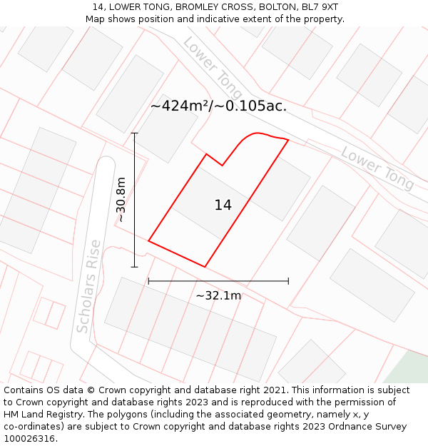 14, LOWER TONG, BROMLEY CROSS, BOLTON, BL7 9XT: Plot and title map