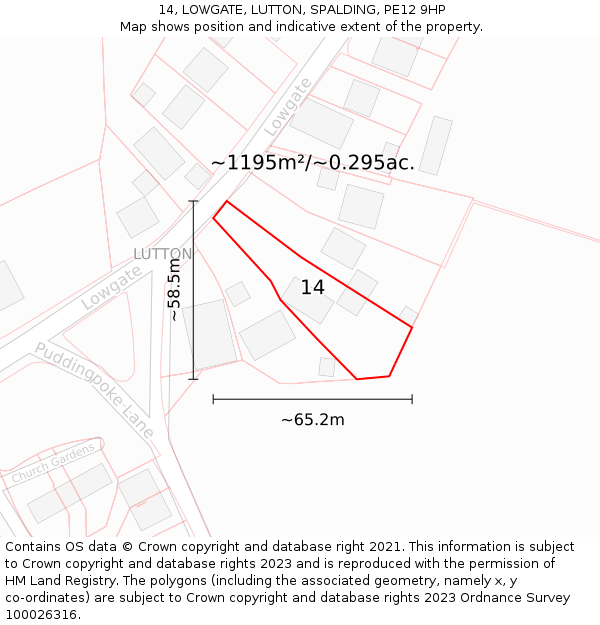 14, LOWGATE, LUTTON, SPALDING, PE12 9HP: Plot and title map