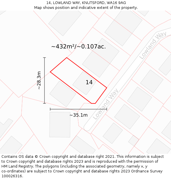 14, LOWLAND WAY, KNUTSFORD, WA16 9AG: Plot and title map