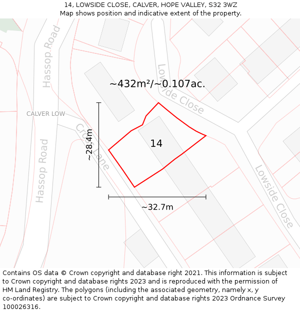 14, LOWSIDE CLOSE, CALVER, HOPE VALLEY, S32 3WZ: Plot and title map