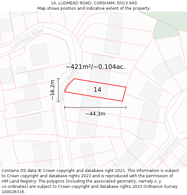 14, LUDMEAD ROAD, CORSHAM, SN13 9AS: Plot and title map
