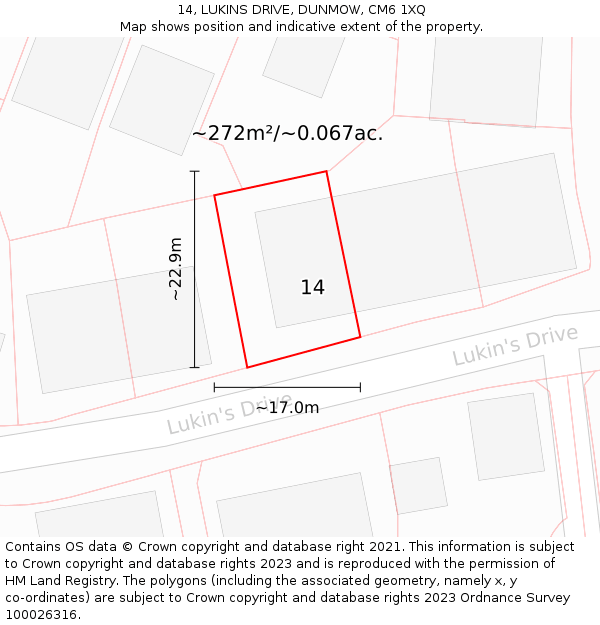 14, LUKINS DRIVE, DUNMOW, CM6 1XQ: Plot and title map