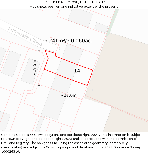14, LUNEDALE CLOSE, HULL, HU8 9UD: Plot and title map
