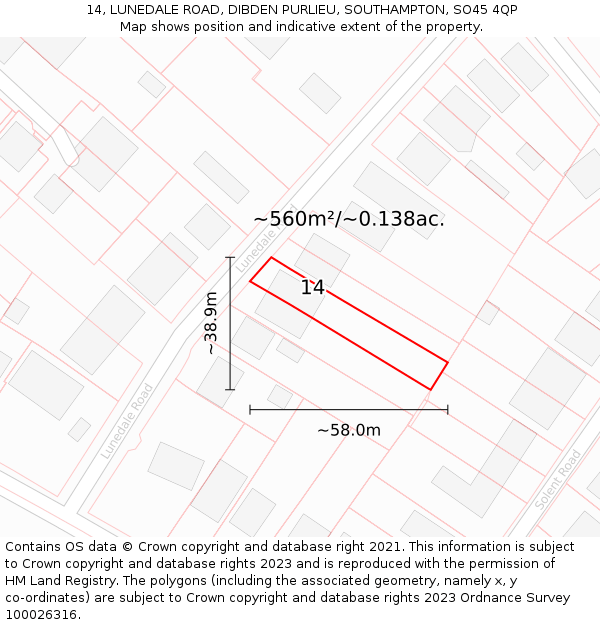 14, LUNEDALE ROAD, DIBDEN PURLIEU, SOUTHAMPTON, SO45 4QP: Plot and title map
