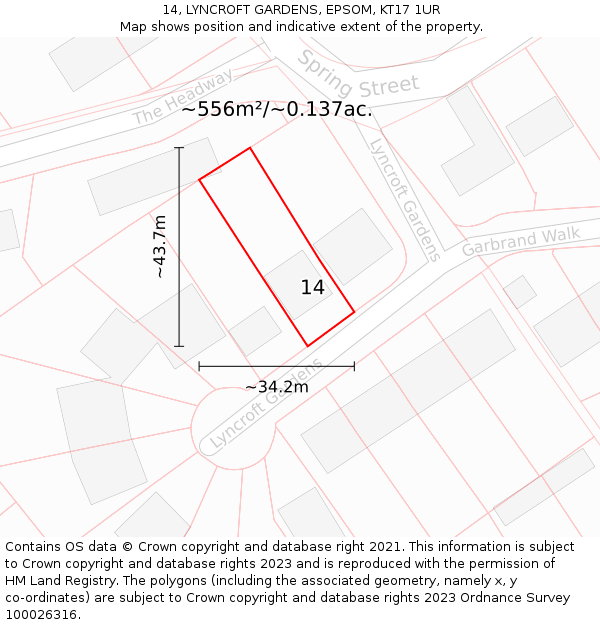 14, LYNCROFT GARDENS, EPSOM, KT17 1UR: Plot and title map