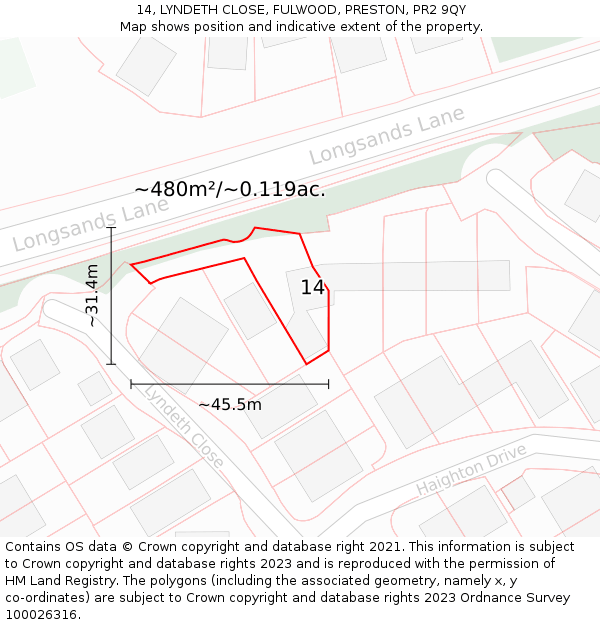 14, LYNDETH CLOSE, FULWOOD, PRESTON, PR2 9QY: Plot and title map