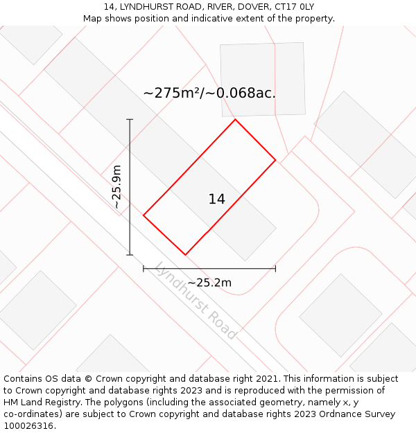 14, LYNDHURST ROAD, RIVER, DOVER, CT17 0LY: Plot and title map