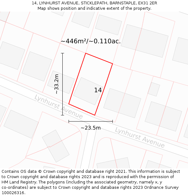 14, LYNHURST AVENUE, STICKLEPATH, BARNSTAPLE, EX31 2ER: Plot and title map