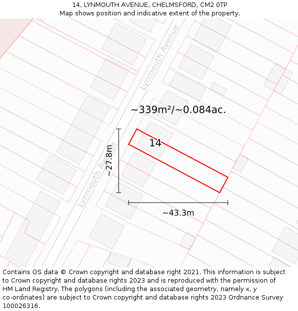14, LYNMOUTH AVENUE, CHELMSFORD, CM2 0TP: Plot and title map