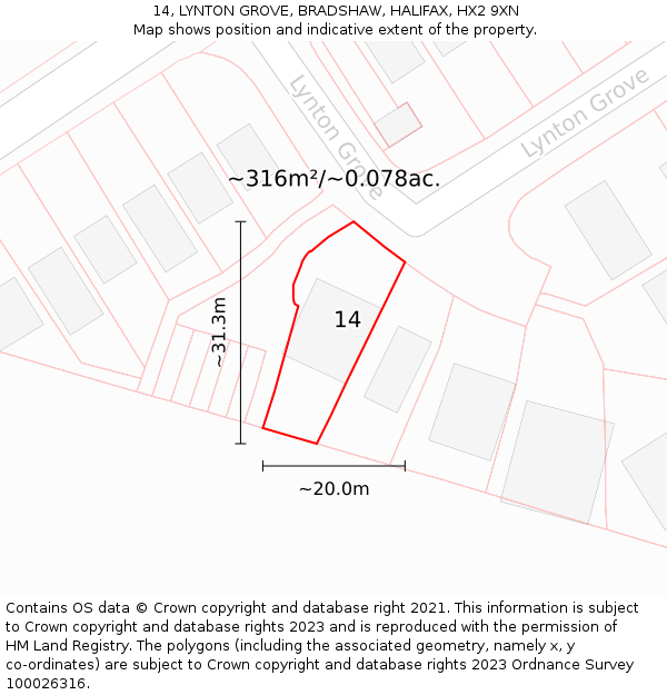 14, LYNTON GROVE, BRADSHAW, HALIFAX, HX2 9XN: Plot and title map