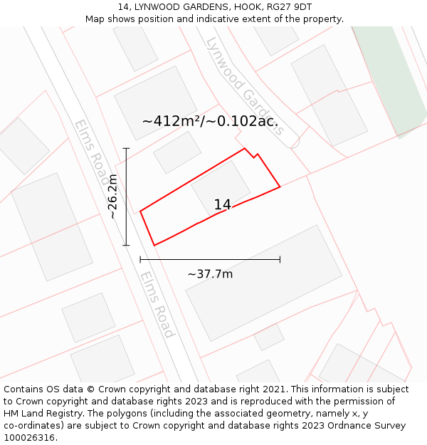 14, LYNWOOD GARDENS, HOOK, RG27 9DT: Plot and title map