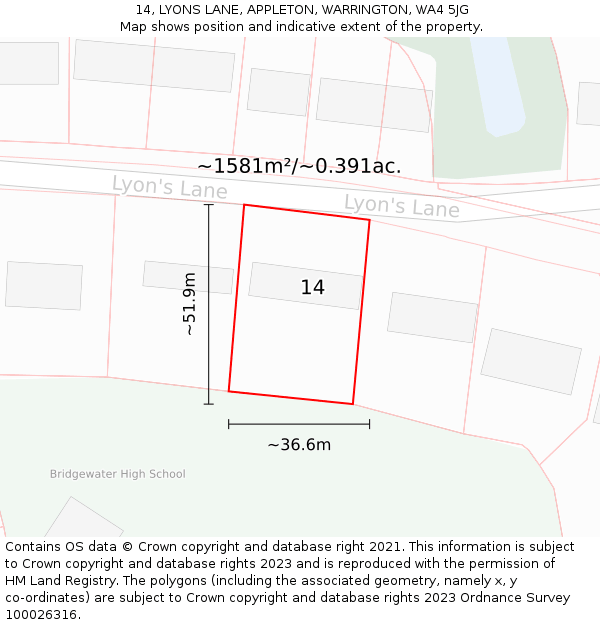 14, LYONS LANE, APPLETON, WARRINGTON, WA4 5JG: Plot and title map