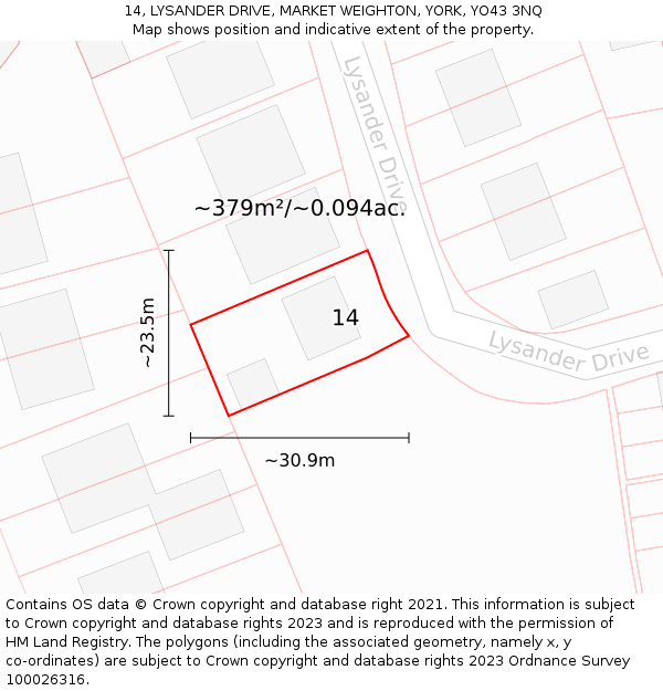 14, LYSANDER DRIVE, MARKET WEIGHTON, YORK, YO43 3NQ: Plot and title map