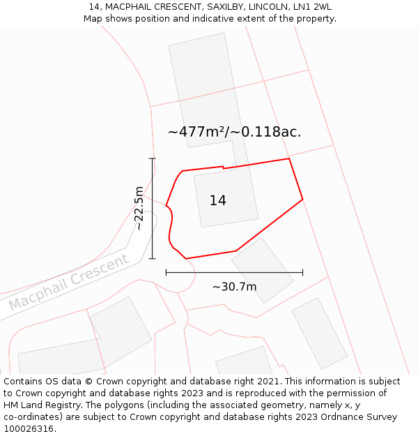 14, MACPHAIL CRESCENT, SAXILBY, LINCOLN, LN1 2WL: Plot and title map