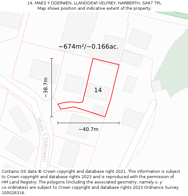14, MAES Y DDERWEN, LLANDDEWI VELFREY, NARBERTH, SA67 7PL: Plot and title map