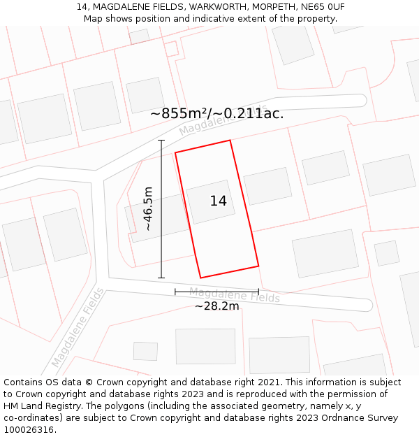 14, MAGDALENE FIELDS, WARKWORTH, MORPETH, NE65 0UF: Plot and title map