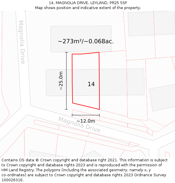 14, MAGNOLIA DRIVE, LEYLAND, PR25 5SF: Plot and title map
