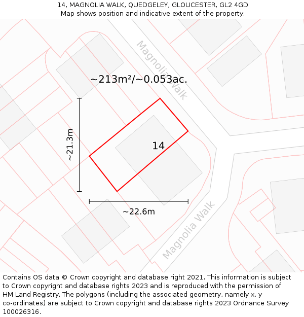 14, MAGNOLIA WALK, QUEDGELEY, GLOUCESTER, GL2 4GD: Plot and title map