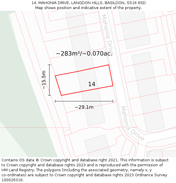 14, MAHONIA DRIVE, LANGDON HILLS, BASILDON, SS16 6SD: Plot and title map