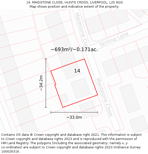 14, MAIDSTONE CLOSE, HUNTS CROSS, LIVERPOOL, L25 9GG: Plot and title map