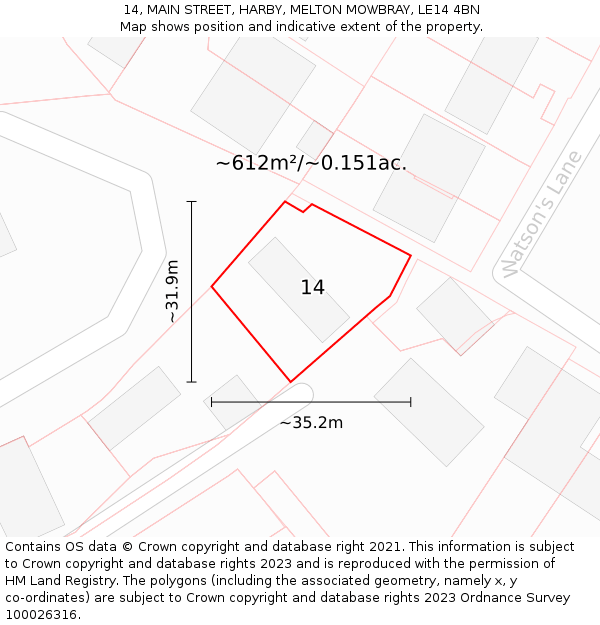 14, MAIN STREET, HARBY, MELTON MOWBRAY, LE14 4BN: Plot and title map