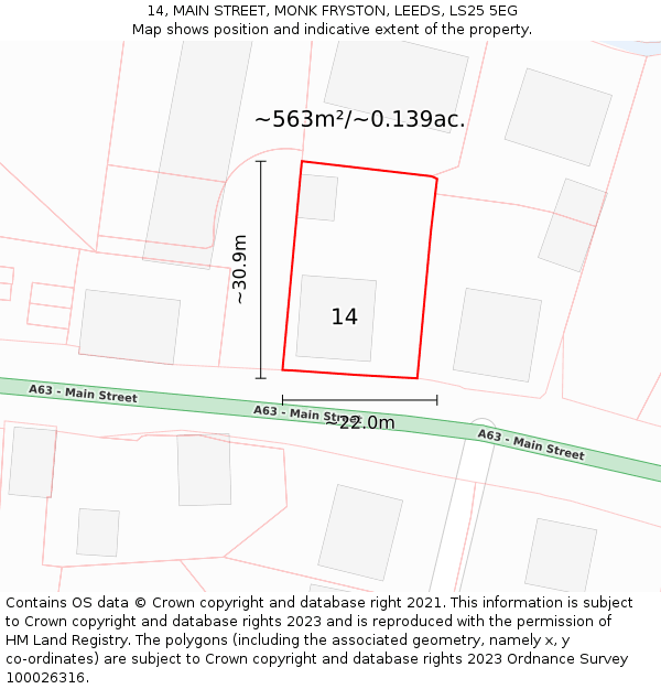14, MAIN STREET, MONK FRYSTON, LEEDS, LS25 5EG: Plot and title map
