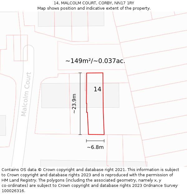 14, MALCOLM COURT, CORBY, NN17 1RY: Plot and title map